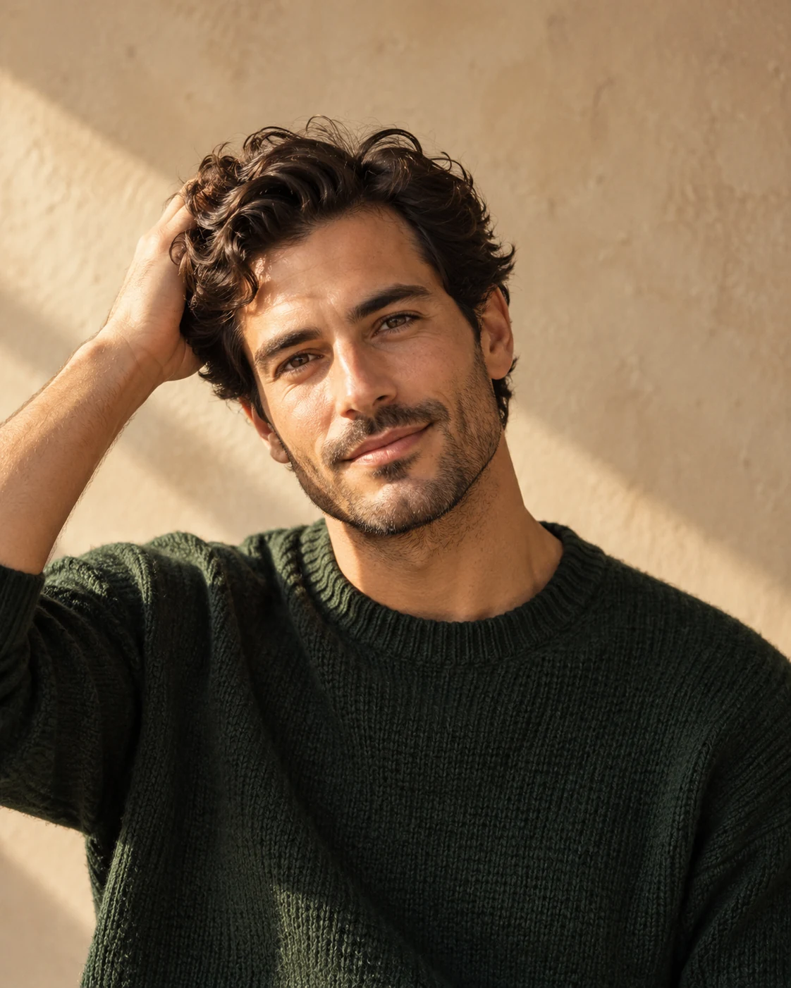 Man with naturally wavy hair in a forest-green knit, in warm afternoon sunlight