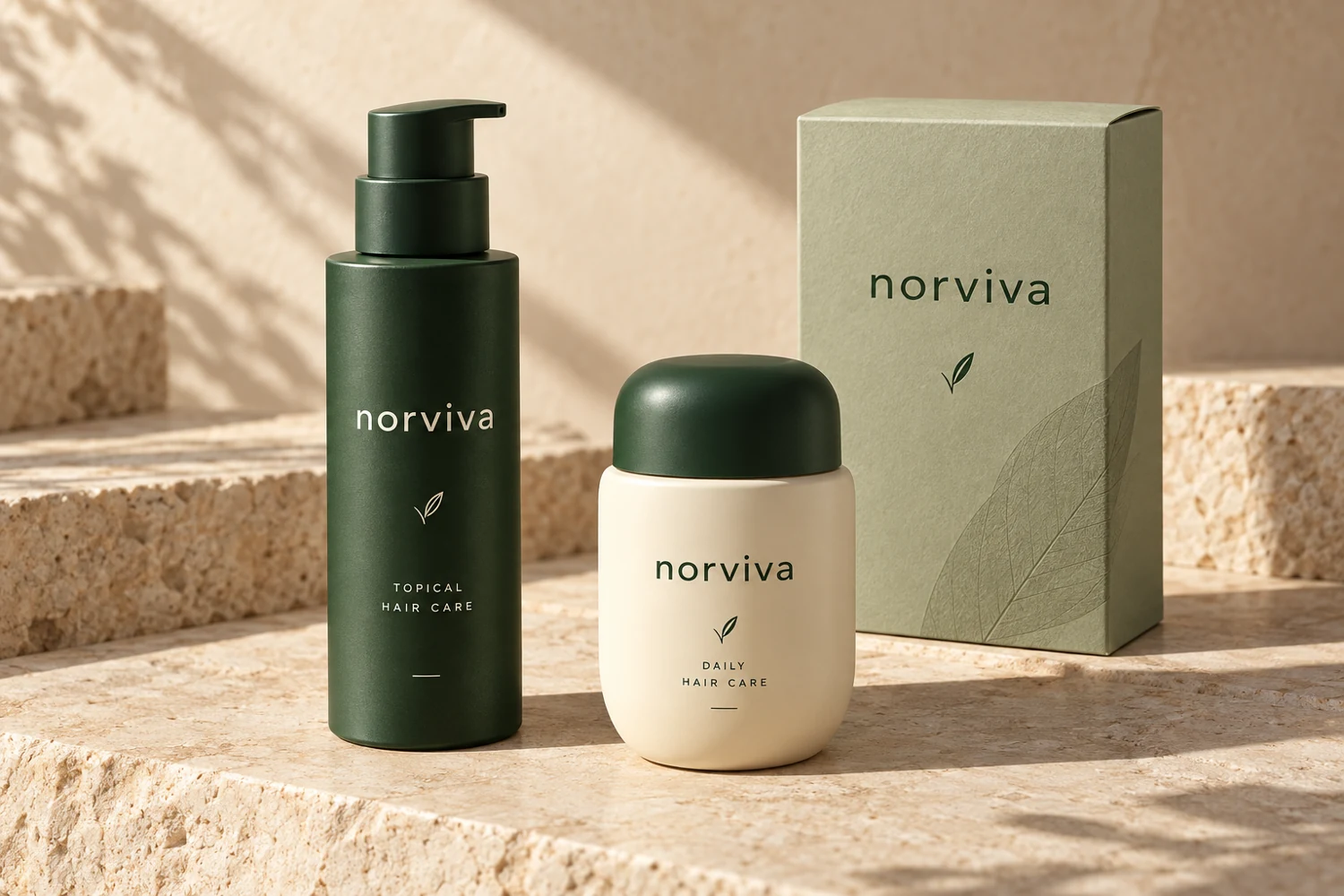 Norviva concept packaging: forest-green topical bottle, cream daily bottle and sage carton on limestone